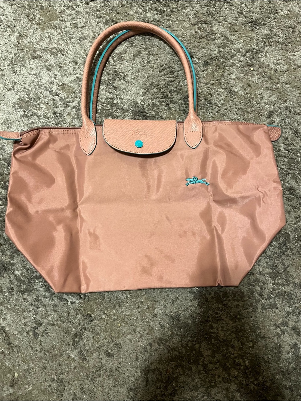 Longchamp Nylon Tote in Blush Pink with Turquoise Trim